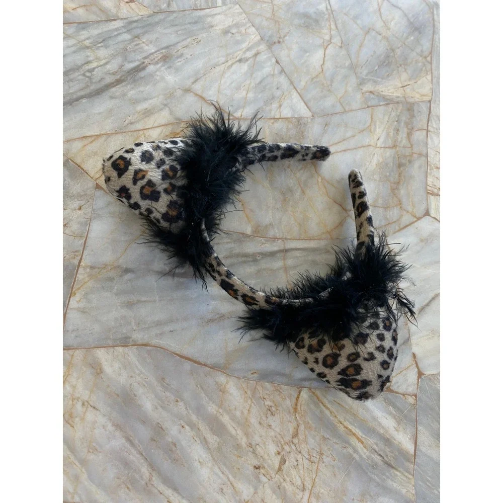 Leopard Print Cat Ear Headband with Black Marabou Feather Trim Costume Accessory